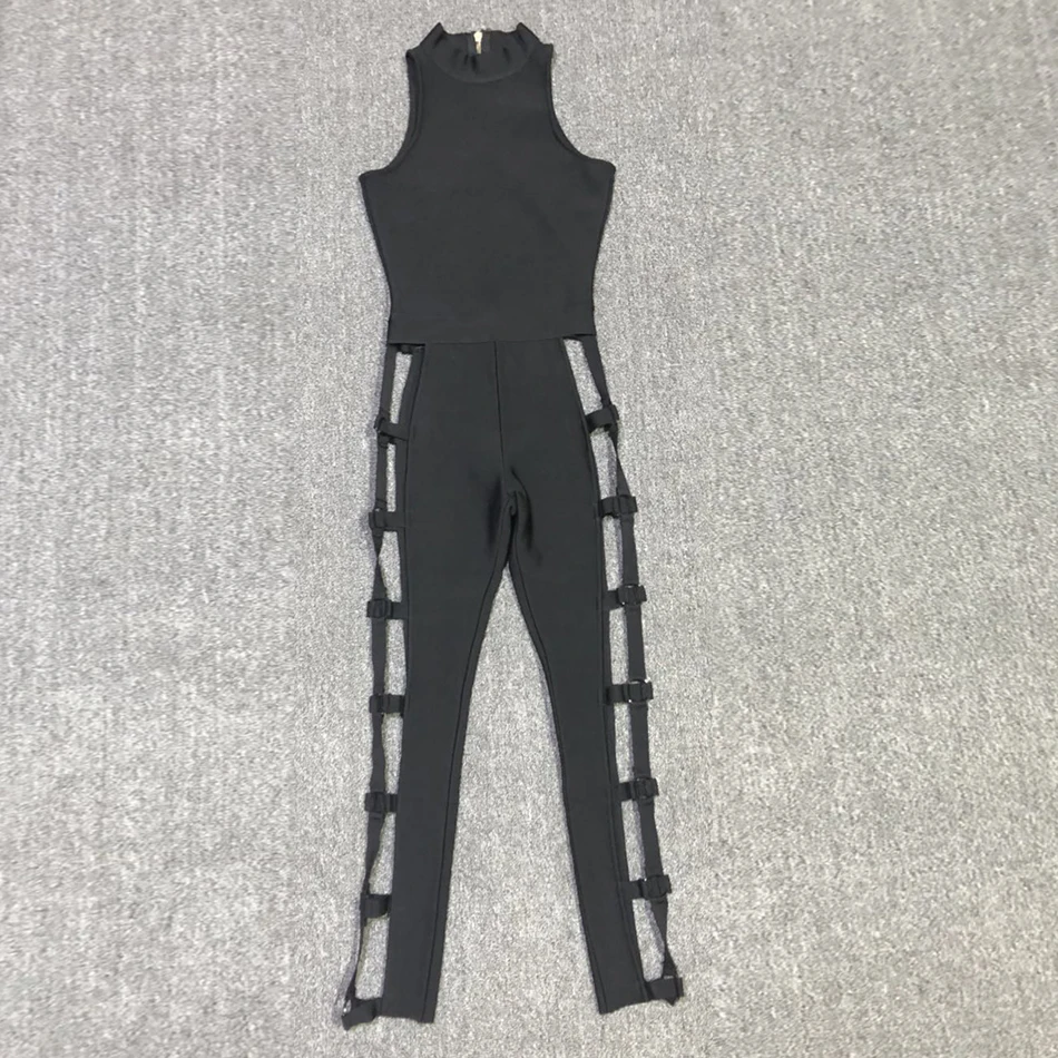 summer new women's jumpsuit black sleeveless hollow backless celebrity party trend bandage tights