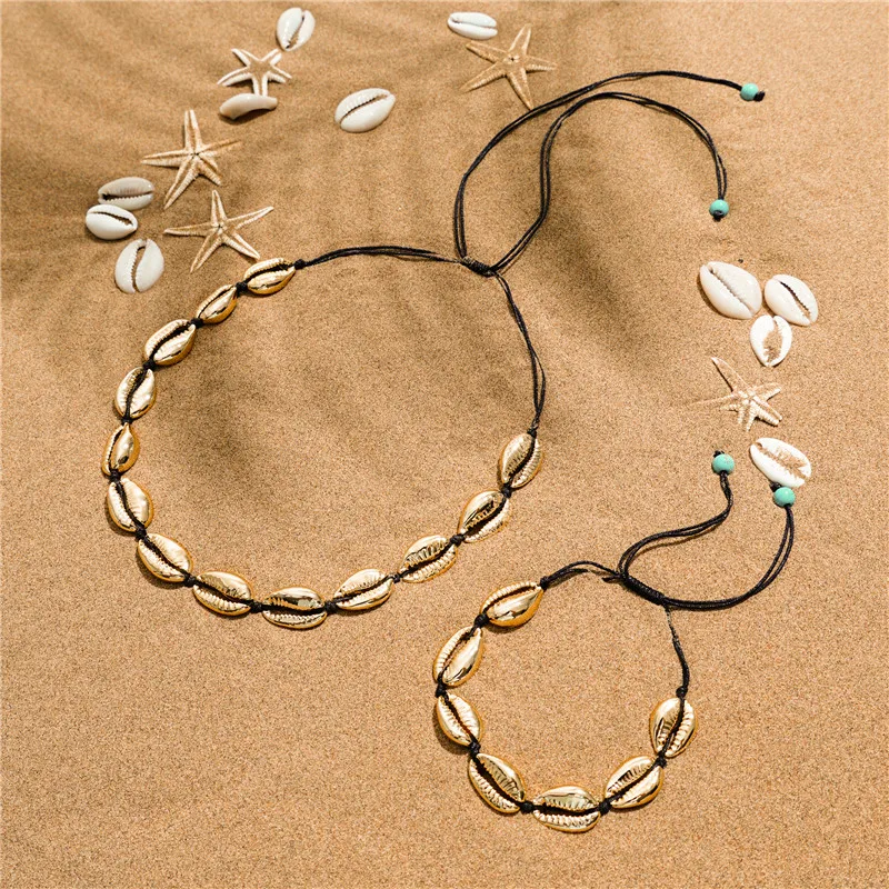 

Original Natural Shell Necklace Set for Women Fashion Handmade Bohemian Style Zinc Alloy Conch Charm Necklace Vacation Best Gift