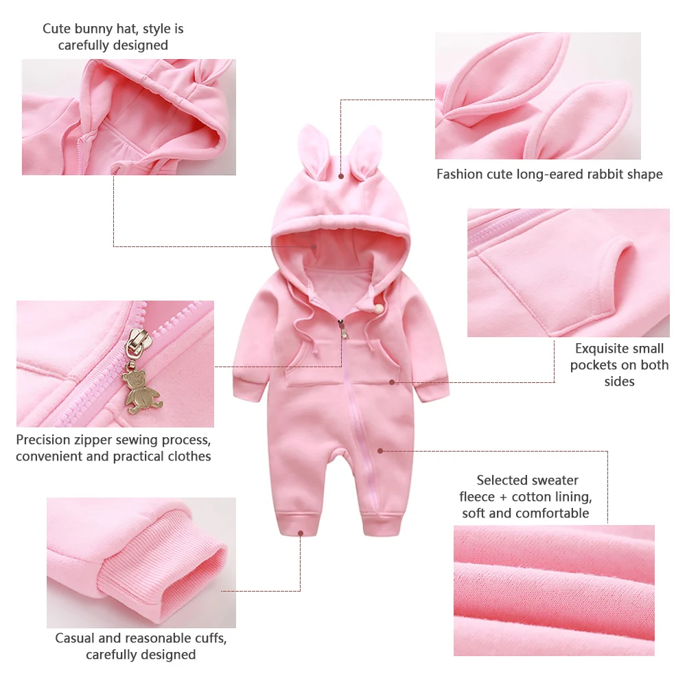 Весенне-осенний Детский свитер; хлопковые брюки с длинными ушками и кроликом для новорожденных; комбинезон на молнии с капюшоном для малышей