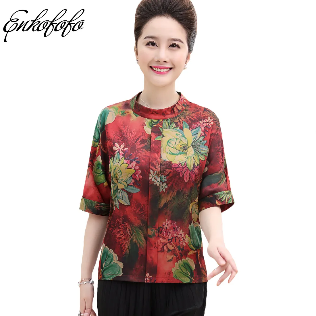 XL 5XL Pure Silk Blouse 2018 Summer Women Top Half Sleeve Elegant Print