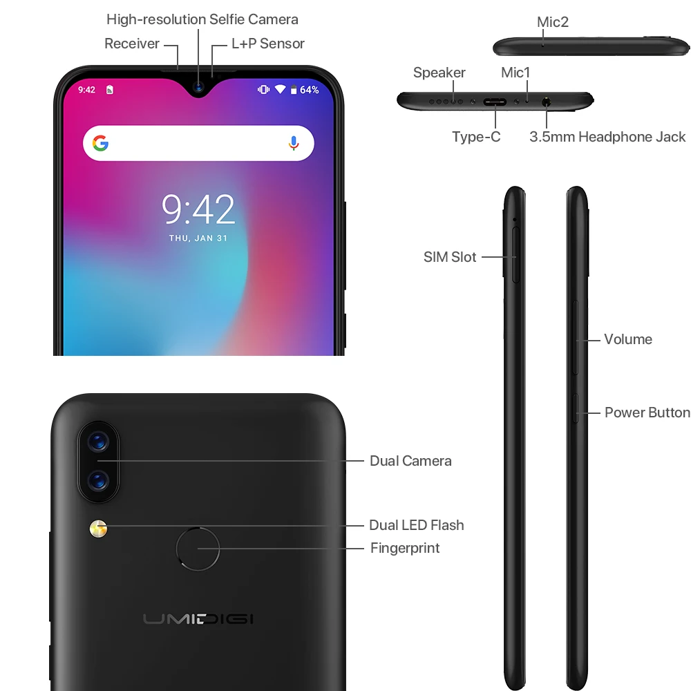 UMIDIGI power Global Band Android 9,0 Восьмиядерный мобильный телефон 64 ГБ 4 ГБ 6," 16 Мп+ 5 Мп камера 5150 мАч Быстрая зарядка NFC 4G смартфон