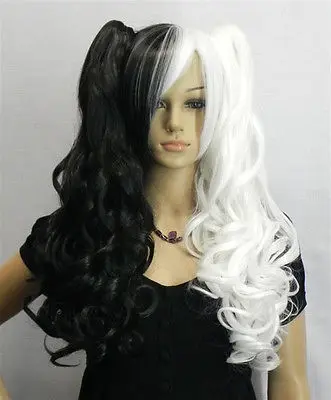

HOT perruque Cosplay Hot Sell!new black white long curly cosplay full wig + two pigtails Synthetic fibre hair wigs Peluca