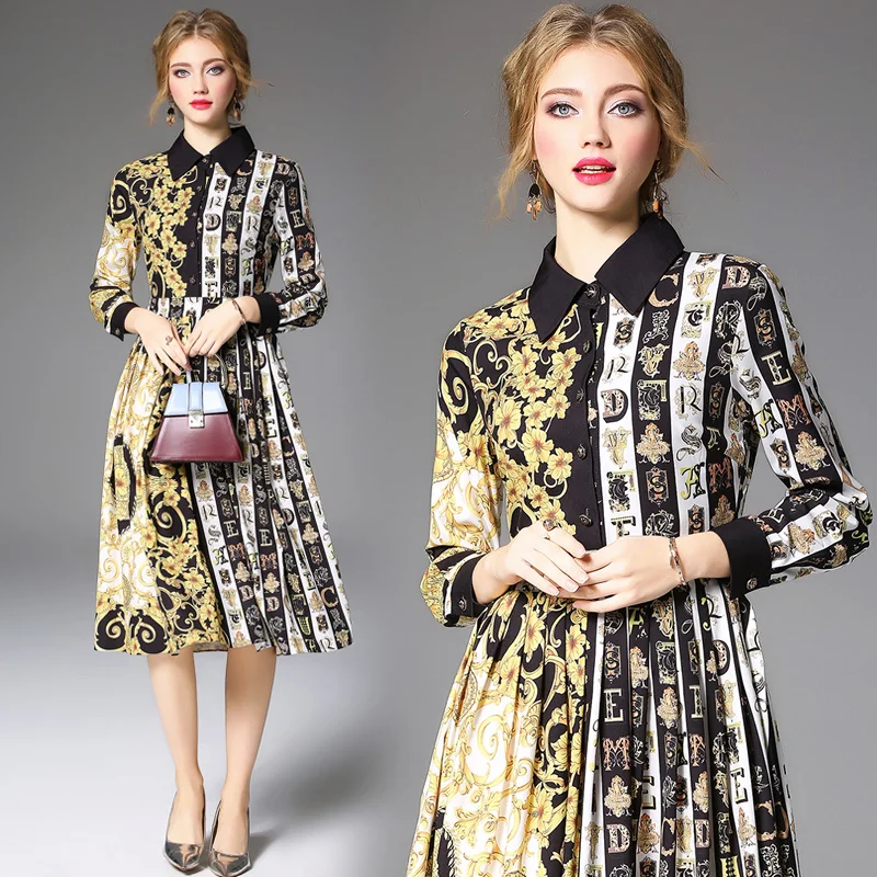

2019 New Designer women Runway Dresses Women Luxury Print Vintage Dress Long Sleeve Midi Shirt Dresses Robe Femme Vestidos Mujer
