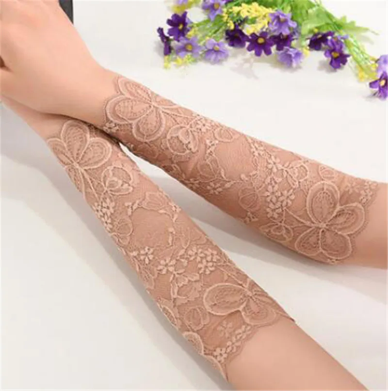 25CM deep khaki Женские перчатки с кружевными рукавами для вождения, цветочные гетры для рук, УФ-защита от солнца, черные, белые, бежевые, розовые - Цвет: 25CM deep khaki
