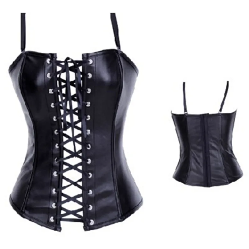 New Black Leather Corset Overbust With Suspender Straps Lace Up Korsett ...