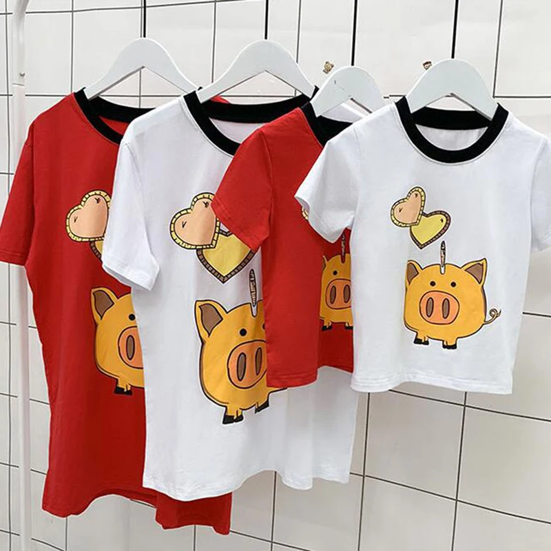 2PCS/SET Adult Kids T-shirts Family Matching Clothes White Red Short Sleeve Summer Tops Mother Father Girls Boys Shirt Plus Size