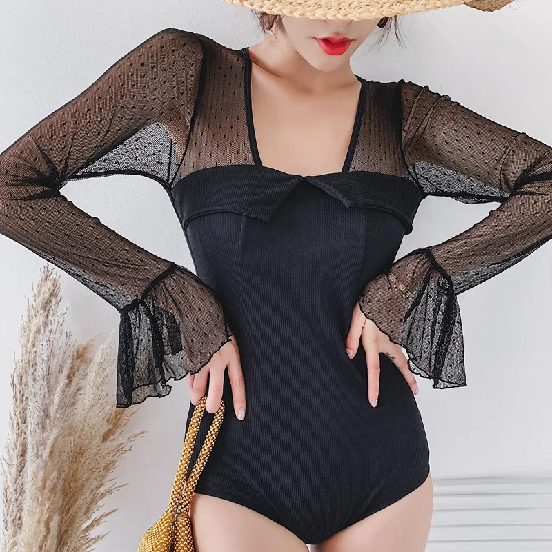 

Swimsuit 1 Piece Woman Rashguard Female Fused Swimwear 2019 One Plus Size Women Red Long Sleeve Lace Fluoroscopy Shows Sexy Park