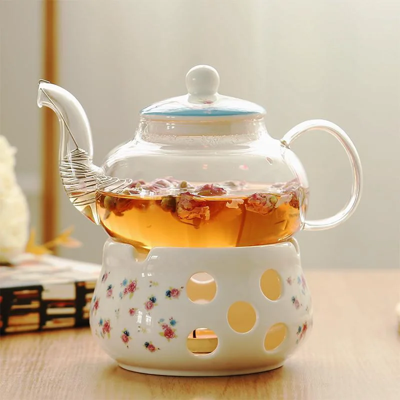 Цветочный чайный сервиз, фарфоровый термостойкий стеклянный чайник для заварки, керамические кофейные чашки и блюдца, посуда для напитков, чайный горшок, кофе