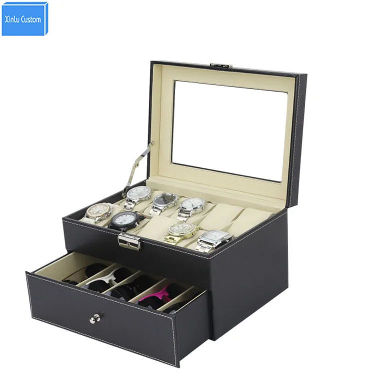 Black Sew Pu Leather Store 2 Layer Display Collect Case With