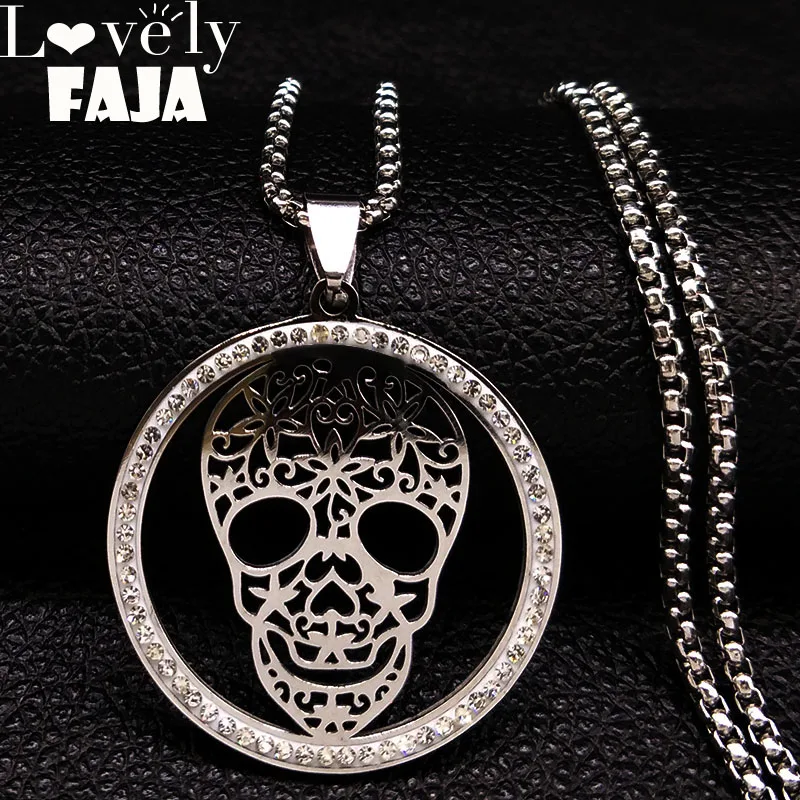 

2019 Skull Crystal Stainless Steel Necklace Women Halloween Silver Color Necklaces Pendants Jewelry calavera mexicana N18527