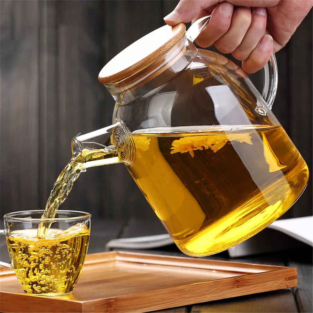 1000ml/1800ml Large Capacity Drinkware Glass Teapot Flower Tea Pot Kettle With Bamboo Lid Water Tea Pot High Quality