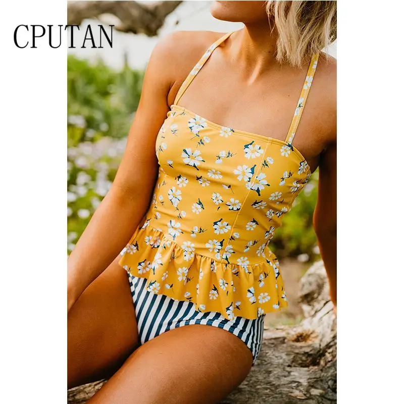 2019 High Waist Bikini Swimwear Women Plus Size Swimsuit Push Up Bathing Suit Print Tankini Ruffle Swim maillot de bain femme XL | Спорт и