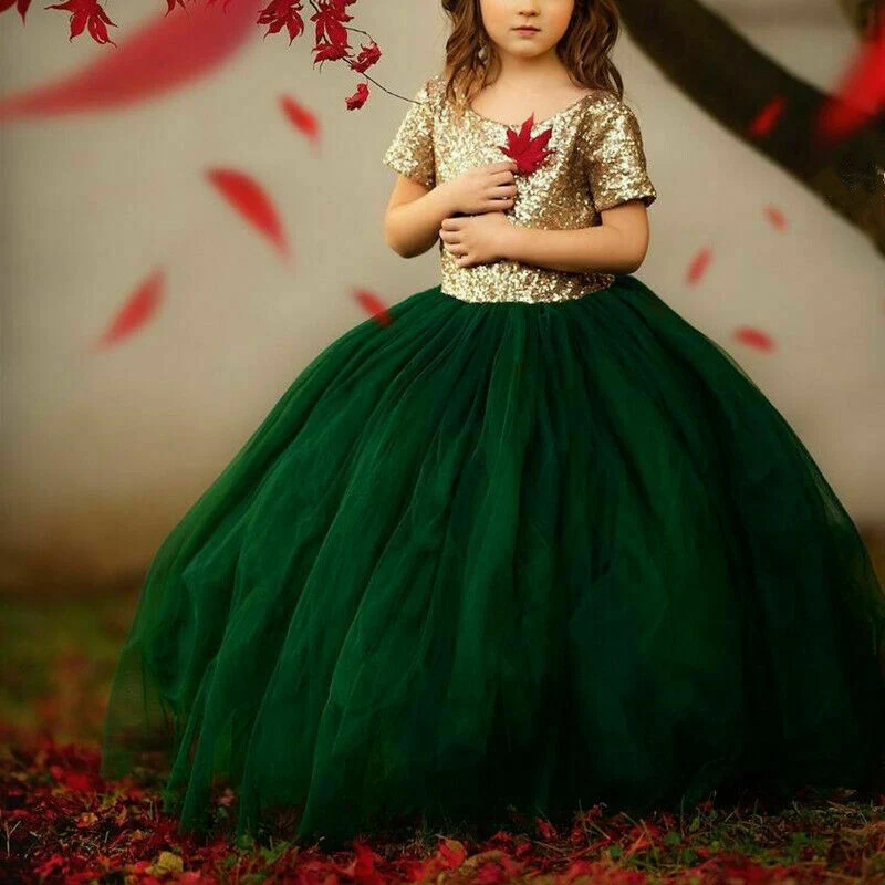

Flower Girl Dresses Gold Sequins For Wedding Little Kids Short Sleeve Tulle First Communion Fluffy Princess Pageant Dresses