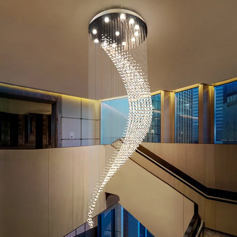 

Crystal Meniscus Shape Chandeliers Staircase Long Hanging Light Fixtures Villa Modern Living Room Luxury Spiral Crystal Lamp