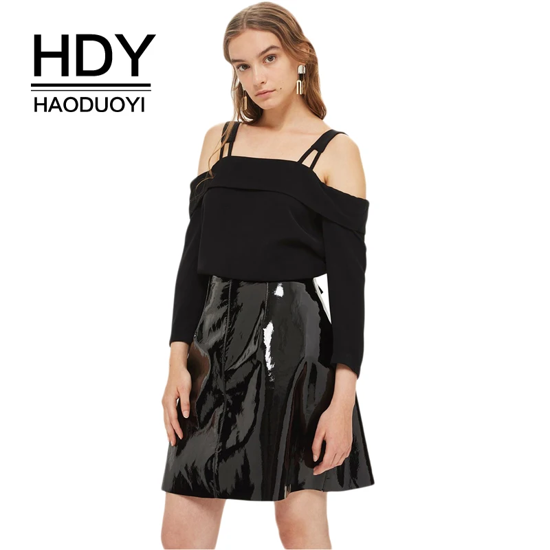

HDY Haoduoyi Fashion Women Solid Black T-Shirts Slash Neck Long Sleeve Tie Back Bardot Top Hollow Out Female Sexy Tees