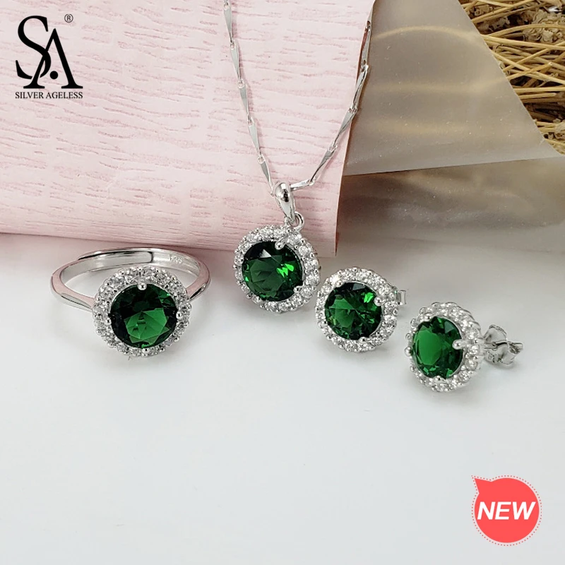 

SILVER AGELESS 925 Sterling Silver Green/Red Crystal Round Pendant Necklace Stud Earrings Wedding Rings Jewelry Set 3-pieces Set