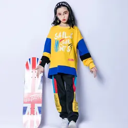 Костюм Джаз дети Одежда в стиле хип-хоп для модная одежда для девочек Цвет соответствующие свободные с длинными рукавами топ и штаны