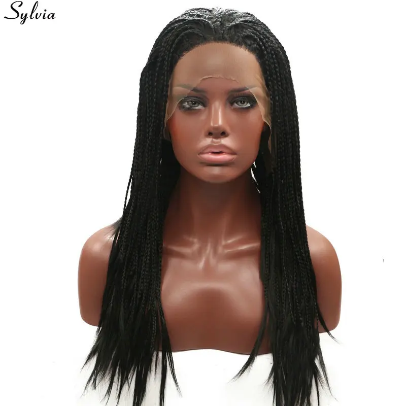 Us 66 99 Sylvia 1b Black Braided Box Braids Synthetic Lace Front Wig Heat Resistant Hair Long Natural Micro Braided Wigs For Black Women In