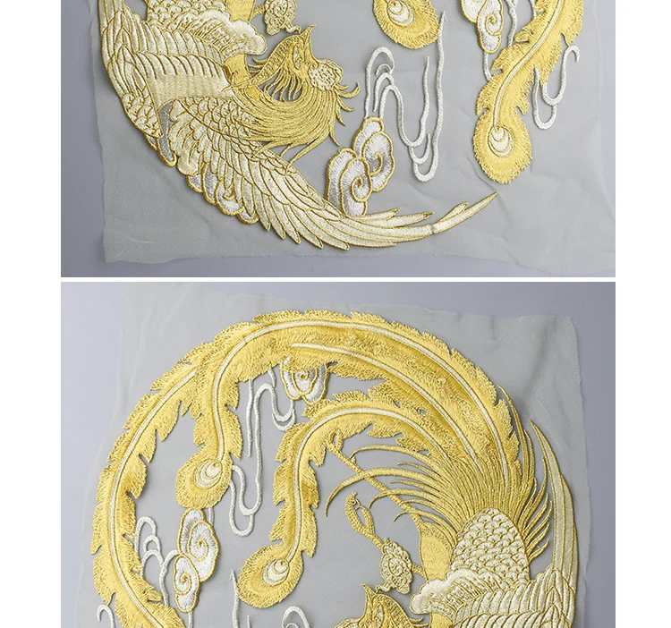 Chinese style round gold Phoenix mesh embroidery lace patches Applique for DIY dress 31cm