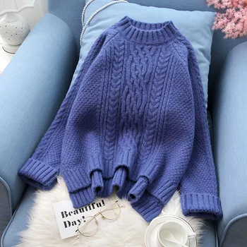 

coarse thicken women sweaters 2019 spring new o-neck long-sleeved loose lazy wind solid student style pullovers outwear tops