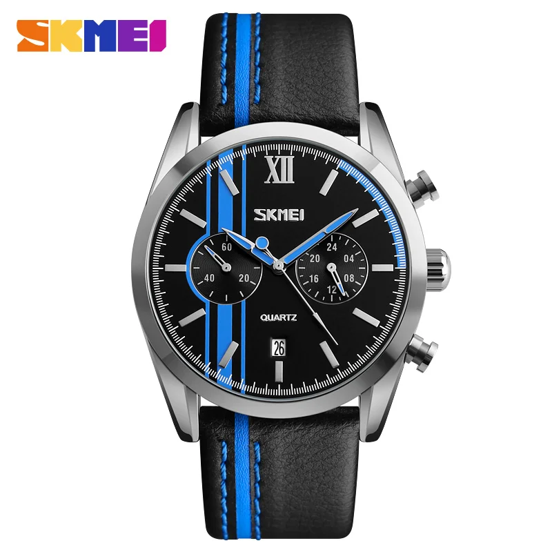 

SKMEI Men Quartz Wristwatches Leather Strap Calendar Stop Watch Waterproof Clocks Fashion Sports Watches 9148 Relogio Masculino