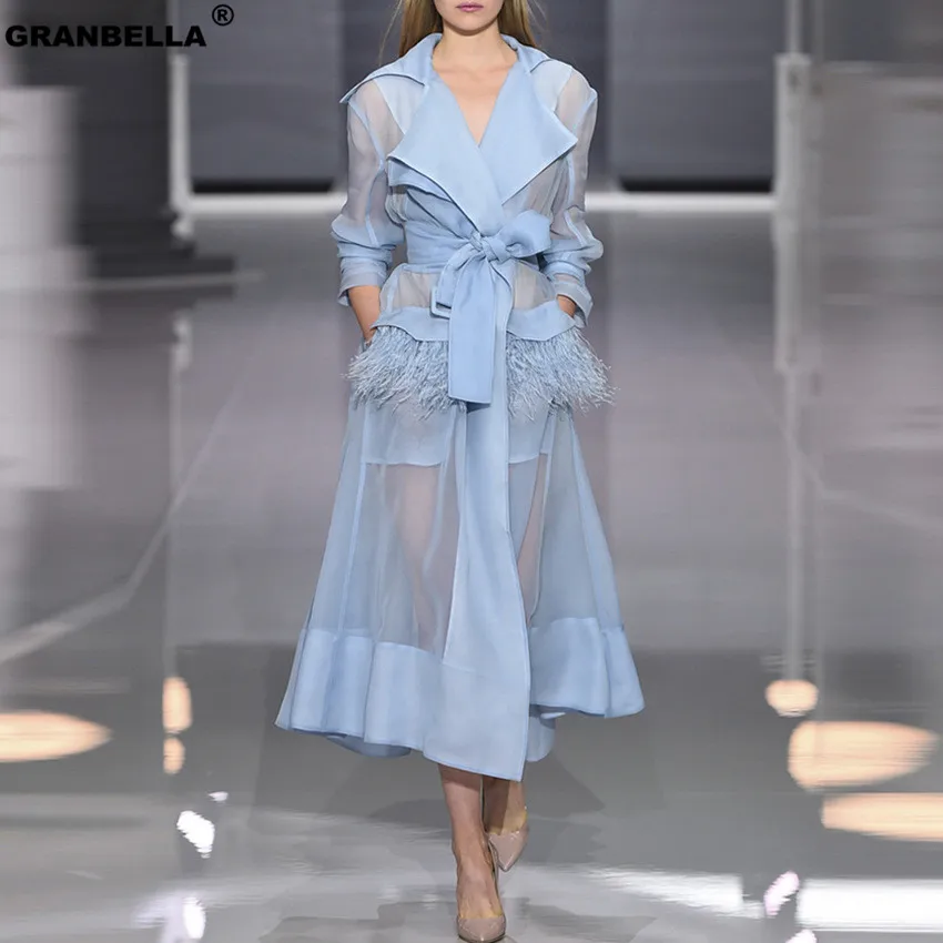 

Summer European Runway Women Sexy Organza Trench Coat Feathers Tassel Belt Dress Turn-Down Collar Long Coats Outerwear