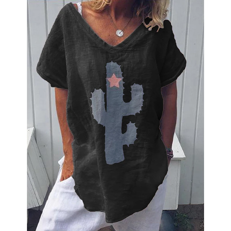 Summer Hot Popular Womens Casual  Plant Printing  Cotton Linen V Neck T Shirt Ladies Summer Baggy Short Sleeve Tops Blouse 2019