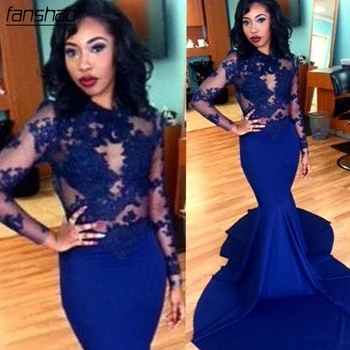 

Royal Blue Mermaid Evening Dresses 2019 Long Sleeves Satin Lace Islamic Dubai Saudi Arabic Long Evening Gown Prom Dress