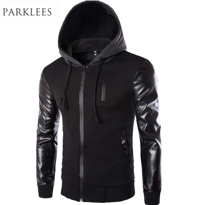 Koop Cool Capuchon Mannen 2017 Lente Mode Pu Lederen Mouwen Splice Bomber Jacket Casual Windbreaker Blouson Veste Zweet Homme