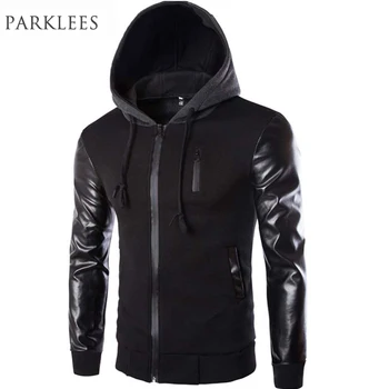 

Cool Hooded Jacket Men 2017 Spring Fashion Pu Leather Sleeve Splice Bomber Jacket Casual Windbreaker Blouson Veste Sweat Homme