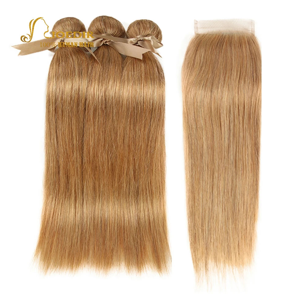 

Joedir Pre-Colored Remy Human Hair #27/30 Dark Blonde 3/4 Straight Hair Bundles With Closure Peruvian Straight Hair With Closure