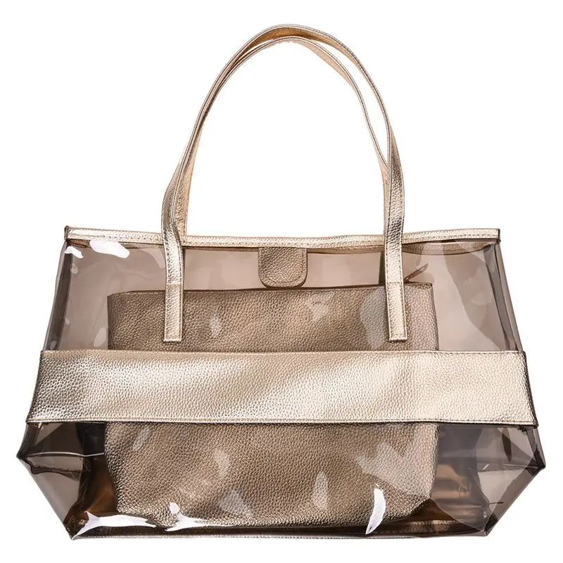 

Waterproof Half Transparent Hand Bag, PVC Beach Bag and Polyester with Small Bag (champagne color)