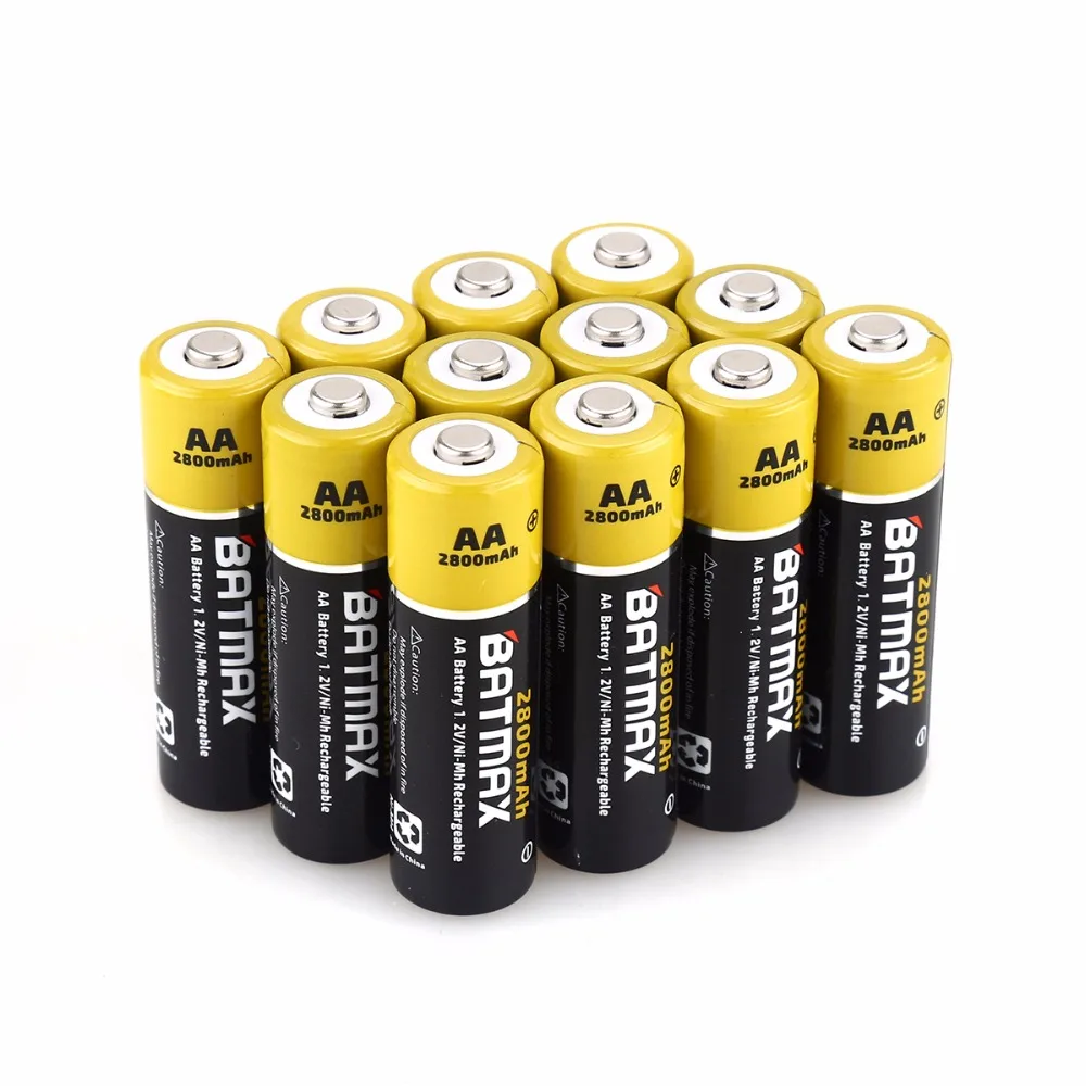 Batmax 12Pcs 2800mAh AA Ni-Mh Rechargeable Battery with 8-Channel Smart LED Display Uninversal Charger for AA AAA Batteries