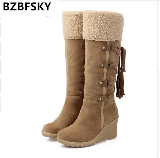 

Women Winter High Boots Plus Size 43 Women High Boots Warm Snow Boots Suede Wedge Boots Fashion Cross-tied Ladies Shoes