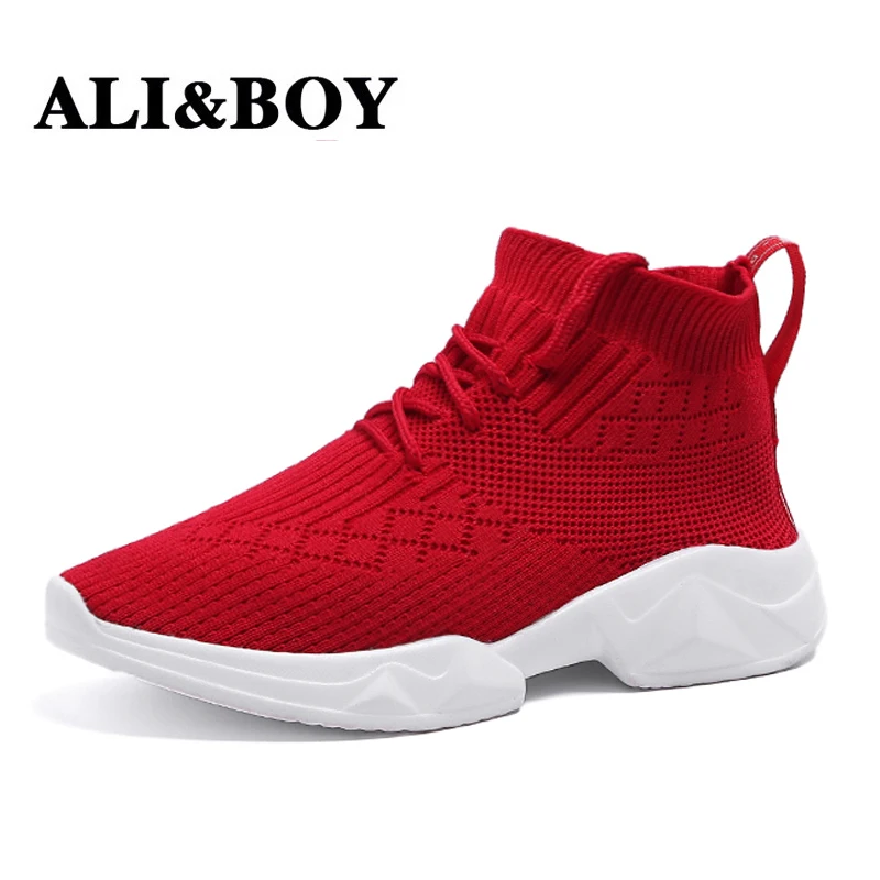 red and white gym shoes