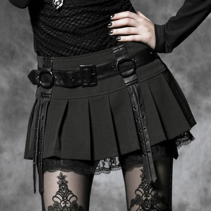 

PUNK RAVE Women's Punk Lolita Sexy Green Black Lace Pleated Short Skirt Young Girl Party Club Mini Skirts with PU Belt