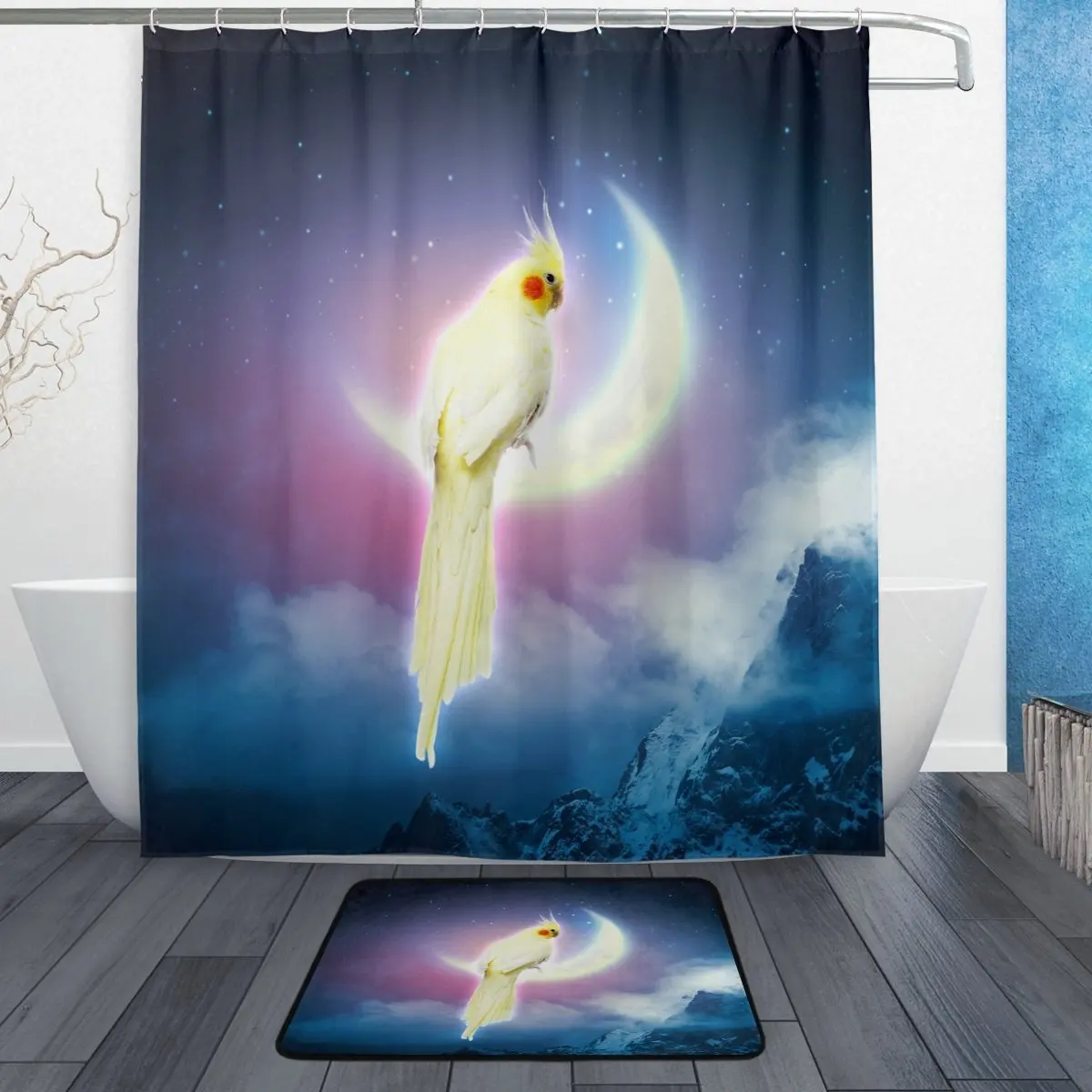 

Fantasy Parrot on Moon Waterproof Polyester Fabric Shower Curtain with Hooks Doormat Bath Floor Mat Bathroom Home Decor
