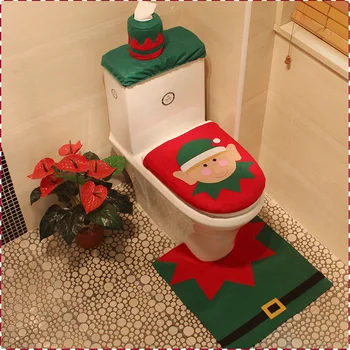 

3pcs/set Cheap Santa Ornament Snowman Toilet Seat Cover +Rug Bathroom Mat Set Christmas Xmas Decoration for Home -25