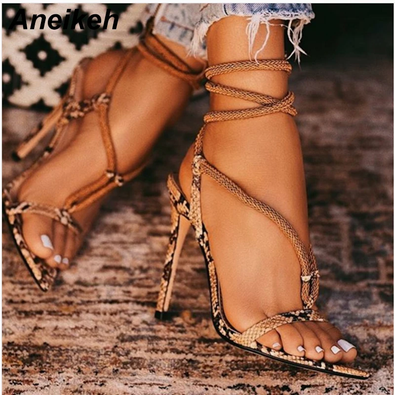 

Aneikeh New Summer 2019 Novelty PU Women Sandals Serpentine Lace-up Pointed Toe Thin High Heels Party Wedding Shallow Size 35-42