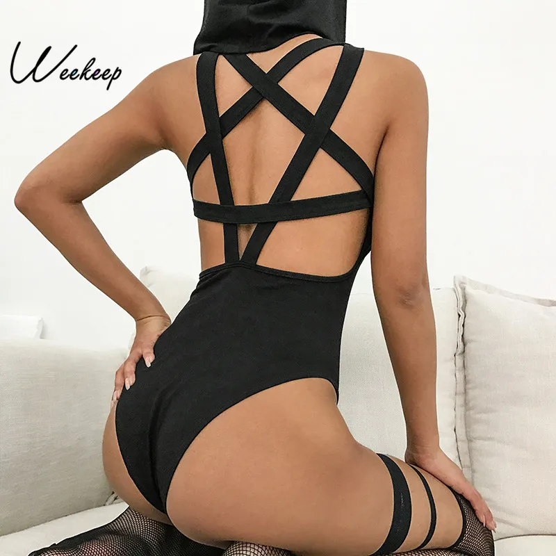 

Weekeep Women Sexy Black Backless Bodysuit Bodycon Sleeveless Tank Bodysuits 2019 Summer Hooded Romper Women Jumpsuit