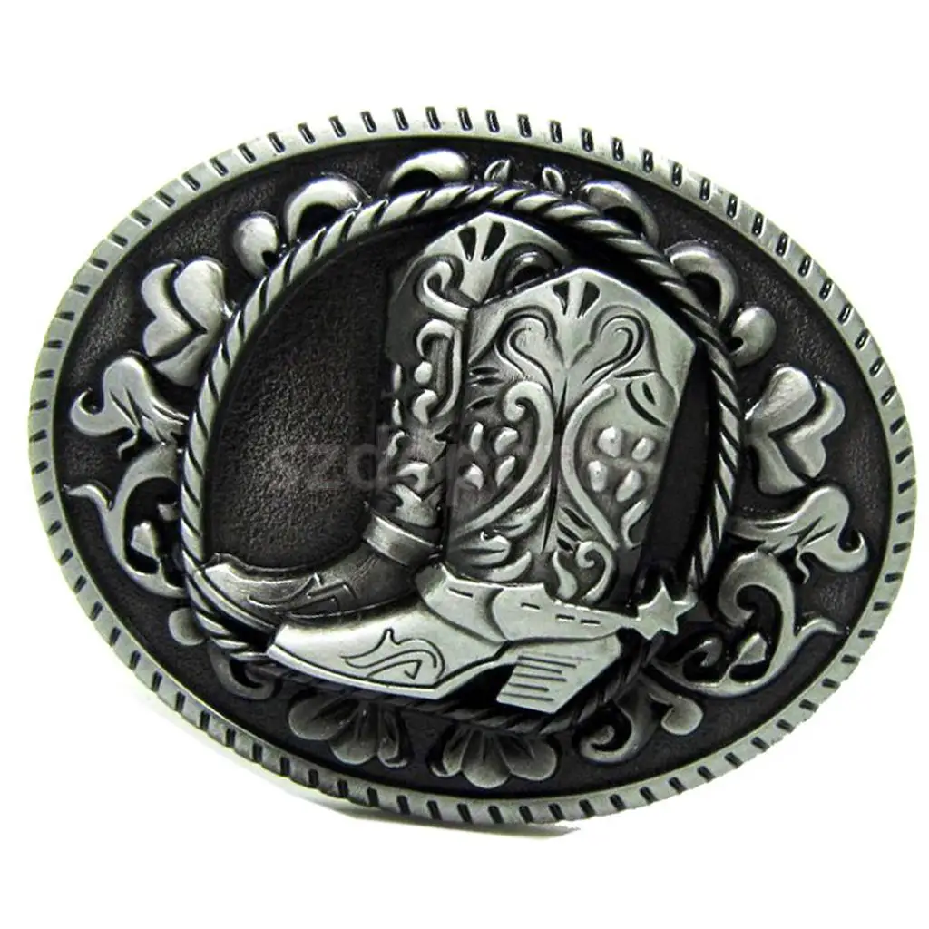 Antique Silver Oval Zinc Alloy Belt Buckle Horse Riding Boots Pattern Western Cowboy 9x7cm