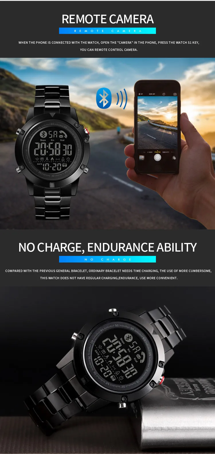 SKMEI Смарт Модные мужские спортивные часы жизнь водонепроницаемый без зарядки выносливость способность Bluetooth Motion Track reloj inteligente 1500