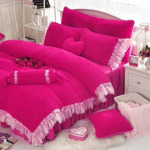 Фиолетовый Белый Розовый теплый флис ткань корейский стиль принцессы постельных принадлежностей кружева пододеяльник фланель бархат кровать юбка наволочки - Цвет: 5