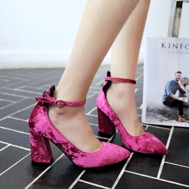 

US4-11 Womens Pointed Toe Velvet Block Chunky High Heel Pumps Ankle Belt Buckle Shoes 4Colors Plus Size A776