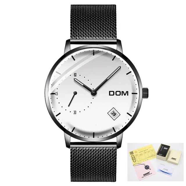 Мужские часы dom, Роскошные, деловые, водонепроницаемые, уникальные, модные, повседневные, черные, нержавеющая сталь, сетка, кварцевые, мужские часы - Цвет: Mesh Black White