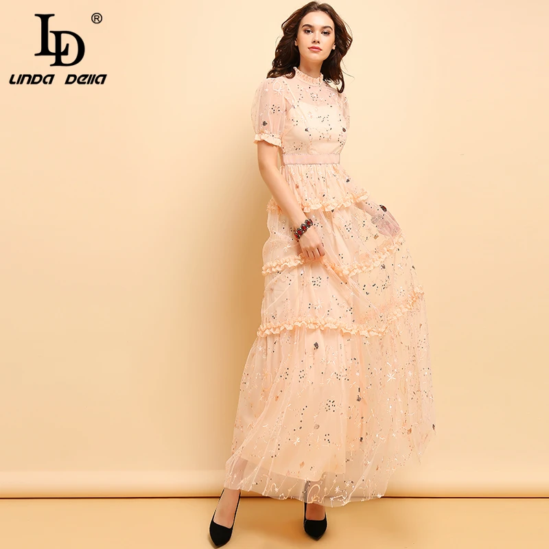 Женское модельное платье макси LD LINDA DELLA розовое длинное сетчатое с оборками