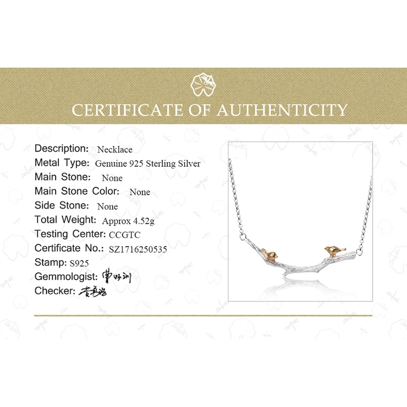Lotus Fun Solid 925 Sterling Silver Pendants Necklaces for Women Double Lover Birds on Branch statement necklace wedding Jewelry