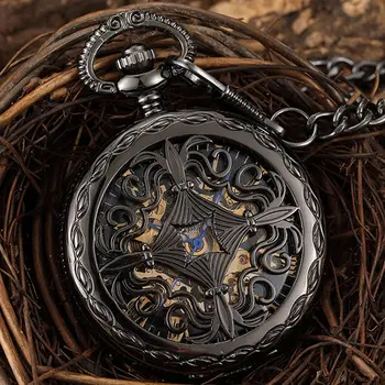 

Vintage Hollow Engraved Hand Wind Mechanical Pocket Watch Men Skeleton Black Steampunk Neckalce Fob Unisex Watch Pendant Gift