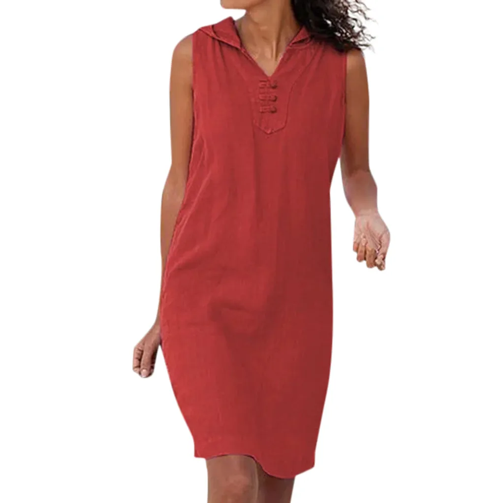 JAYCOSIN новые летние женские платья Повседневная Туника без рукавов прямой сплошной цвет с капюшоном длиной до колена пляжный сарафан 9040926 - Цвет: Красный