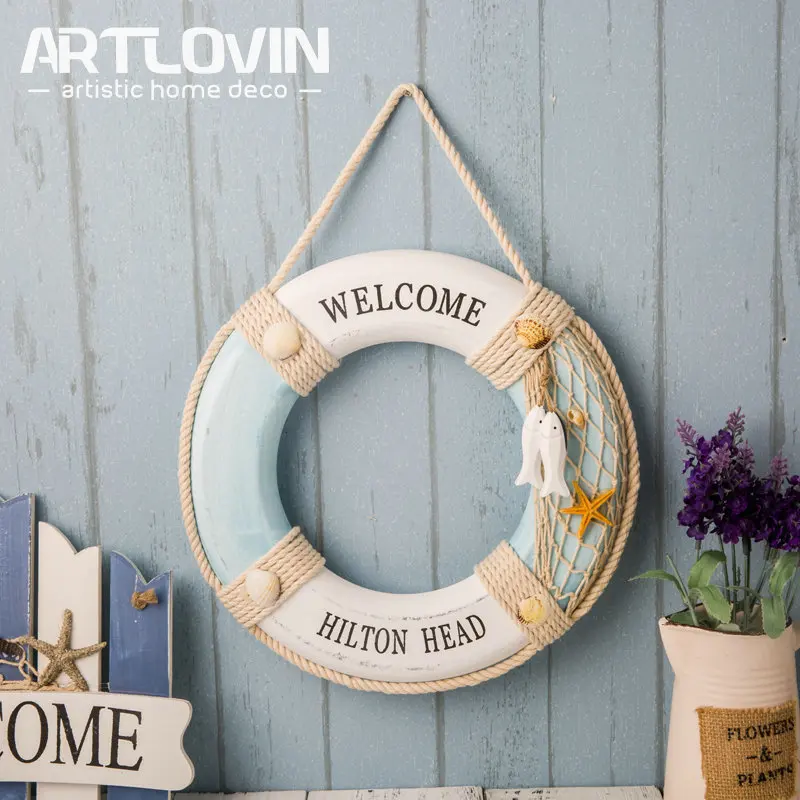 Beste Mediterrane Decoratieve Houten Reddingsboei Beeldjes Blauwe Muur Opknoping Nautische Zee Figuur Woondecoratie Accessoires